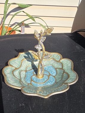 Decorative Blue-Green Floral Jewelry Holder with Gold Accent